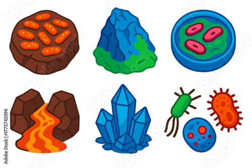 Geomicrobiology Icons. Isometric vector illustration set Geomicrobiology: bacterial colonies on mineral surfaces, rock weathering,