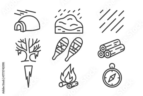 Blizzard Survival Icons. Line style icons of Blizzard Survival: Shelter, Snowdrift, Whiteout, Frozen Tree, Snowshoes, Firewood,