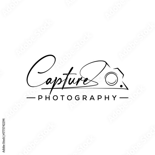 Signature photography vector logo. Wedding photography logo. Font calligraphy design. Logotype script font type. Font lettering logo. Handwritten with handwritten logo camera icon