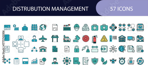 Comprehensive distribution management icons for logistics supply chain and business operations