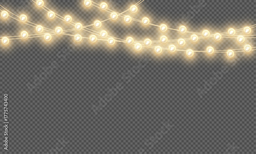 Vector Christmas lights isolated on a transparent background. Christmas light PNG. Set of Xmas glowing garlands. Warm semitransparent new year light effect decoration. Christmas decoration, LED lamp