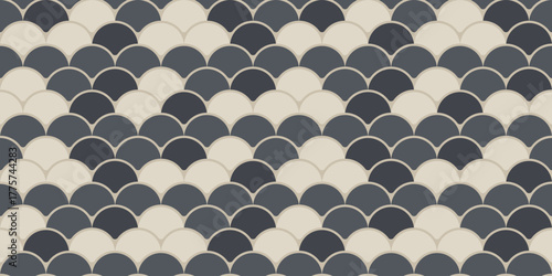 Elegant seamless pattern of overlapping semicircles in calming grey and beige tones.  Perfect for website backgrounds, textile design, or modern art prints.