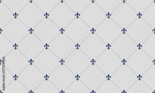 Elegant seamless pattern featuring delicate fleurdelis motifs arranged in a refined diamond lattice on a subtle grey background.
