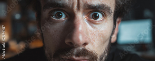 Man looking at camera with wide eyes showing fear, shock, and paranoia