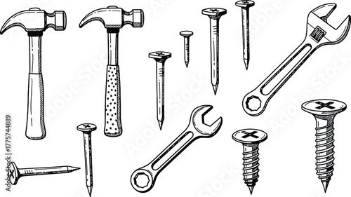 Doodle icons of tools, hammer, wrench, screw, nails, engineering sketch vector.