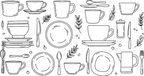 Doodle kitchen elements, cups, plates, spoons, knives, and herbs, minimal line vector.