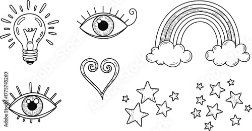 Doodle-style icons of creativity and imagination, stars, light bulb, rainbow, eye, clouds.