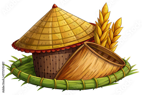Traditional conical rice farmer hat with woven bamboo harvest basket isolated on white background