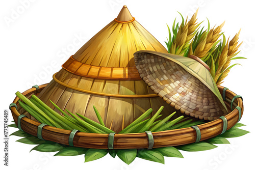 Traditional conical rice farmer hat with woven bamboo harvest basket isolated on white background