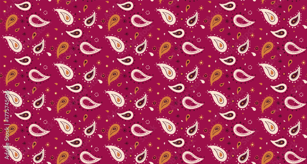 Naklejka premium Intricate fabric of boho paisley. Carpet buta at color henna. Droplet victorian designer feminine.