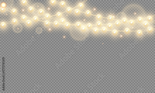 Vector Christmas lights isolated on a transparent background. Christmas light PNG. Set of Xmas glowing garlands. Warm semitransparent new year light effect decoration. Christmas decoration, LED lamp