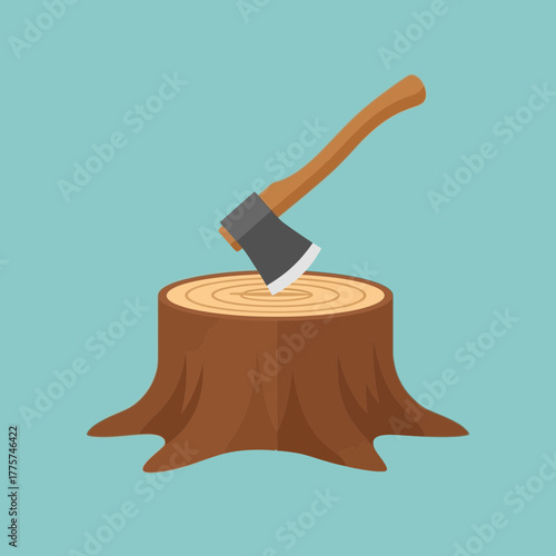 An axe is stuck into a tree stump with growth rings visible.