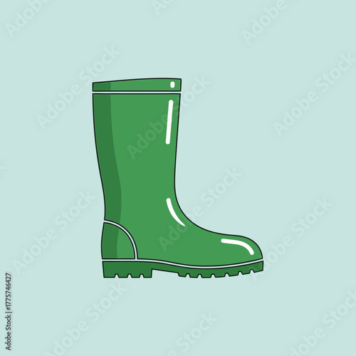 A single green rubber boot stands upright with black outline and white highlights.