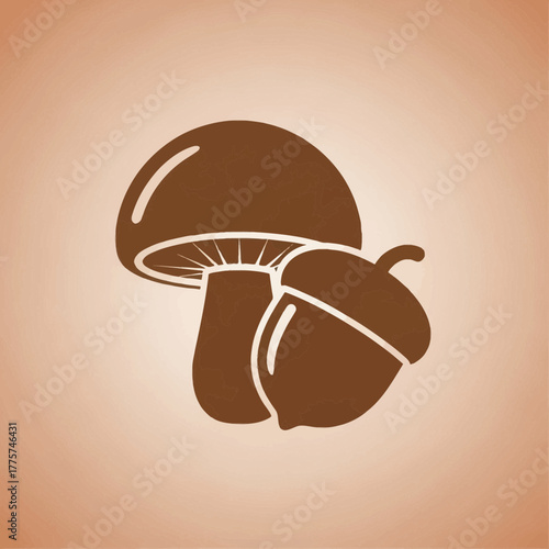 Brown mushroom and acorn illustration with detailed texture and simple graphic style.