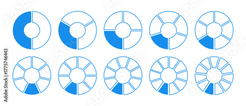 Blue graph icon pie, pizza shape section charts. Blue circles diagram divided 2, 3, 10, 7, 8, 9, 10, 11 equal parts. Coaching blank template. Set of segments blue wheel round divide infographic.