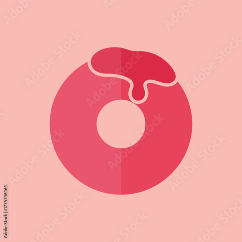 A pink donut with a hole has dripping pink frosting on top.