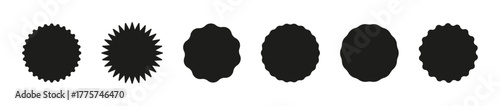 Blank sale stickers collection, simple silhouette. Set of black circle sticker. Star burst shape tags for shop, price. Wavy edge promo black badges. Flat vintage labels. Graphic illustration.
