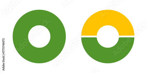 Multicolored donut charts, pies segmented on from 1 to 2 equal parts. Multicoloured diagram infographics. Circle section graph. Loading bar mockup. Pie, pizza chart layout. Wheels divided in sections.