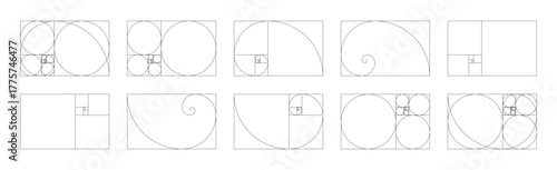 Horizontal fibonacci numbers array set of 10 elements. Golden ratio harmony proportions template.