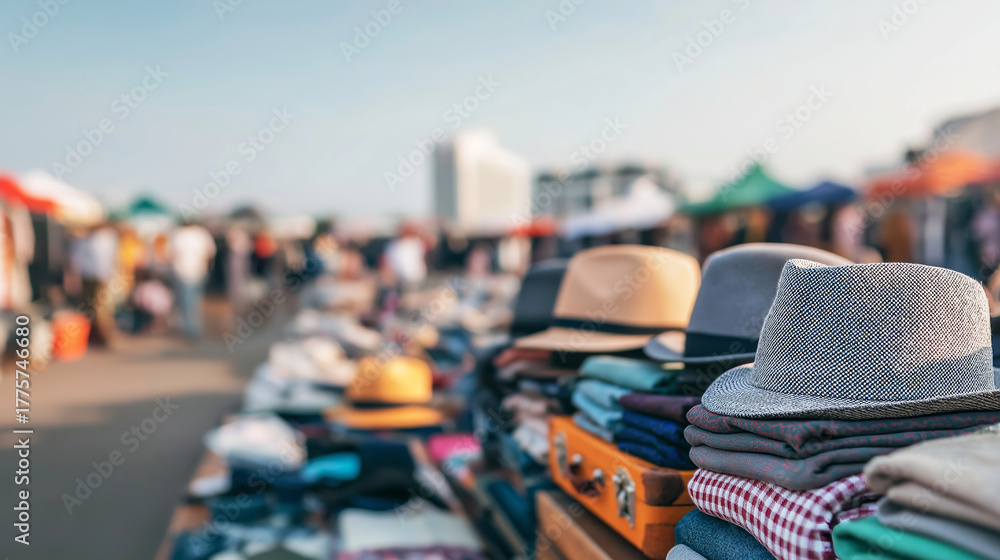 Obraz premium Assorted hats and folded clothing displayed on an outdoor stall, with people blurred in the background, creating a bustling market scene