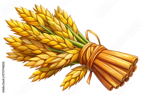 Golden rice stalks tied together with natural string symbolizing Asian crop harvest season