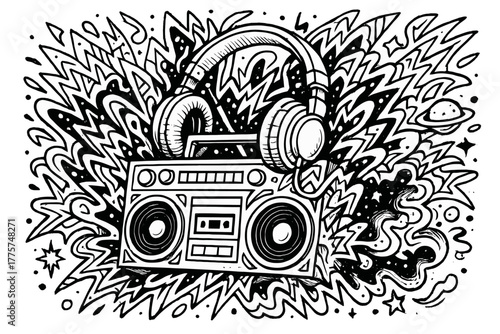 Surreal Boombox Energy. Surreal boombox exploding with graffiti-style patterns, headphones, and cosmic energy around, black and