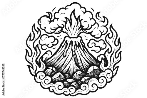 Fiery Volcanic Symmetry. Volcano in the middle with lava, rocks, flames, and clouds arranged in a fiery circular symmetry, black