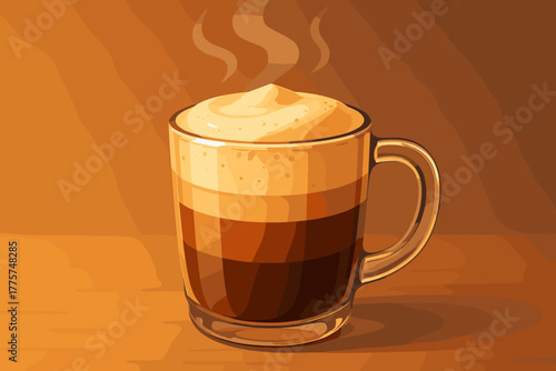 Inviting Coffee Delight. Freshly brewed coffee served in a clear glass mug with layers of creamy foam, soft warm lighting, vector