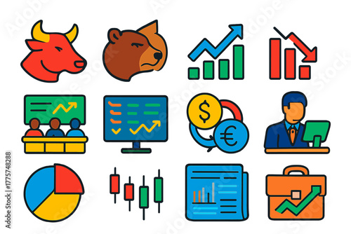 Stock Market Icons. Flat vector icons of stock markets: bull symbol, bear symbol, rising graph, falling graph, trading floor,