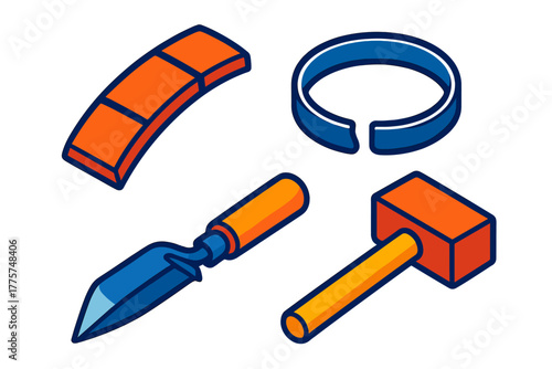 Cooperage Tools Icons. Isometric vector illustration set Traditional Cooperage Tools: Curved barrel stave, forged metal hoop,
