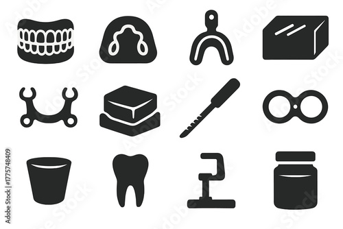 Prosthetic Dentistry Icons. Solid style icons of Prosthetic Dentistry: Denture, Mold, Impression Tray, Wax Block, Casting Frame,