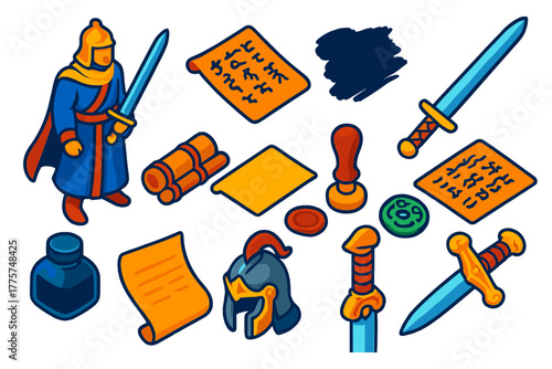 Mystical Scholar Icons. Isometric vector illustration set Sword & Scroll: mystical scholar warrior, text manuscript, ink brush