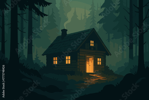Misty Forest Cabin. Atmospheric wooden cabin in a misty forest illuminated by soft golden vector illustration light, mysterious