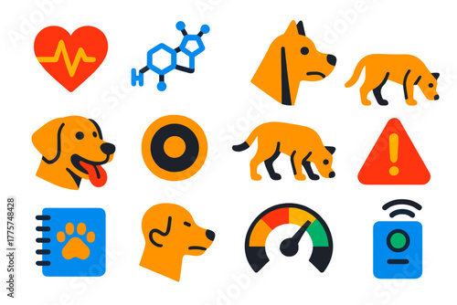 Dog Stress Detection Icons. Flat vector icons of stress detection in working dogs: heart rate, cortisol molecule, ear position,