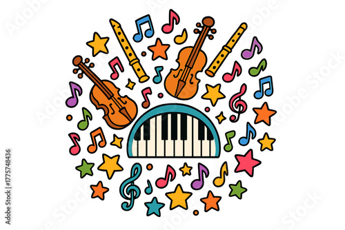 Musical Mandala Symphony. Piano keyboard in the center with notes, violins, flutes, and stars forming a musical mandala