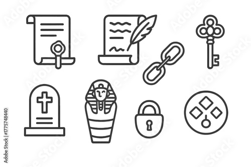 Forgotten Dynasty Icons. Line style icons of Forgotten Dynasty: Broken Seal, Royal Document, Ancient Tomb, Lost Lineage; Scroll,