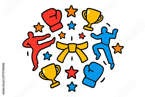 Martial Arts Mandala. Martial arts belt in the middle with gloves, trophies, stars, and kicking silhouettes arranged in fighting