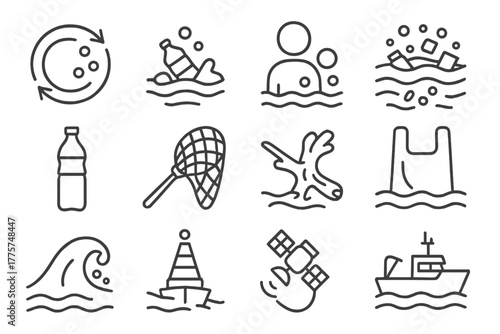 Marine Conservation Icons. Line style icons of Marine Conservation: Circular Current, Debris Accumulation, Concentration, Garbage