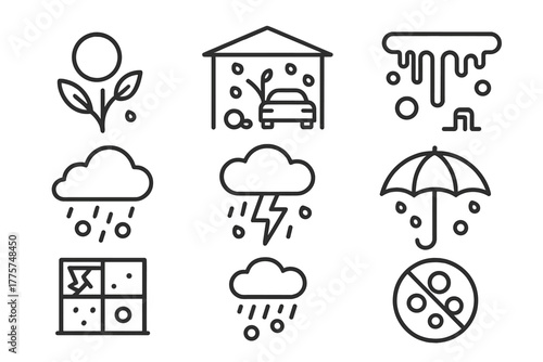 Hailstorm Icons Collection. Line style icons of Hailstorm: Hailstone, Damaged Crop, Shelter, Ice Accumulation, Cloud, Lightning,