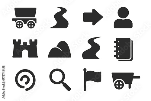 Military Logistics Icons. Solid style icons of military logistics and movement: wagon, road, arrow, human silhouette, fort, hill,