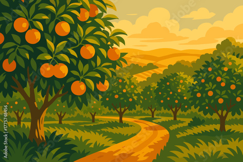 Sunlit Orange Grove. Scenic orange grove illuminated by warm golden sunlight, vibrant natural tones and textures, ideal vector