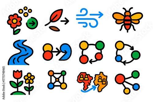 Gene Flow Icons. Flat vector icons of gene flow between populations: pollen dispersal, seed dispersal, wind arrow, insect