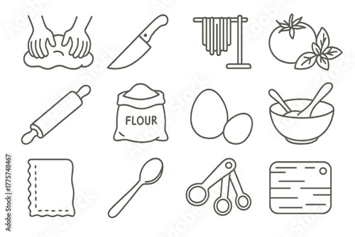 Handmade Cuisine Icons. Line style icons of Handmade Cuisine: Dough Kneading, Cutter Knife, Drying Rack, Fresh Ingredients;