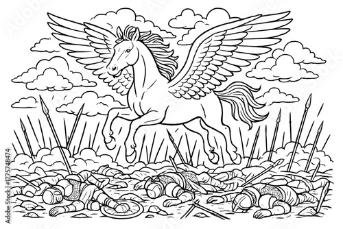 Pegasus Above Battlefield. Pegasus flying over a battlefield of fallen warriors with storm clouds and broken spears below, black