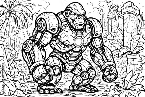 Mech Gorilla in Ruins. Mech gorilla with steel arms, glowing chest core, and shattered jungle ruins around, black and white line