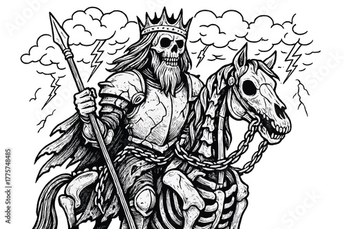 Koschei's Ominous Ride. Koschei the Deathless on a skeletal horse with broken armor, chains, and stormy skies, black and white