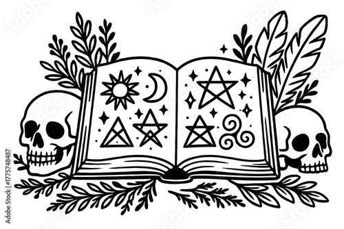 Mystical Grimoire Illustration. Mysterious grimoire with pages full of glowing symbols, surrounded by skulls, herbs, and feathers,