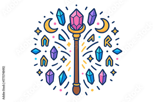 Mystical Mandala Staff. Magic staff in the center with crystals, runes, sparks, and moons radiating outward in mystical mandala