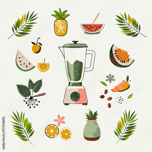Set of different fruit smoothie in a blender watercolor icons. Flat images isolated on white background. Vector illustration.