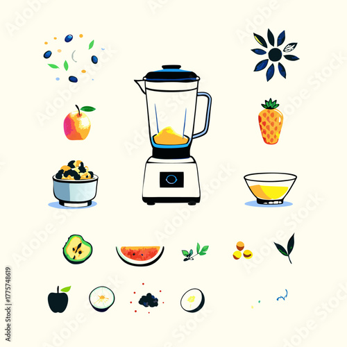 Set of different fruit smoothie in a blender watercolor icons. Flat images isolated on white background. Vector illustration.